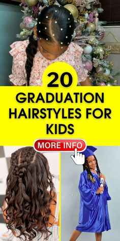 Choose from a range of graduation hairstyles for kids featuring black braids. These cute and easy-to-style braids are perfect for celebrating your child's achievement. From simple designs to more intricate patterns, find the ideal hairstyle for graduation day. Pre K Graduation Hairstyles Black, Hairstyle For Kids Graduation, Hairstyles For 5th Grade Graduation, Hairstyles For Little Black Girls Kids Graduation, Preschool Graduation Hairstyles Black, Kinder Graduation Hairstyles, 5th Grade Graduation Hairstyles Black