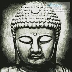 a black and white photo of a buddha statue with eyes closed in front of a dark background