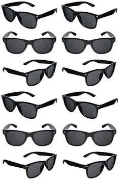 twelve pairs of sunglasses with black frames and grey lenses, all in different positions