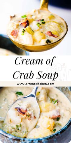 two pictures with the words cream of crab soup in it and an image of a spoon