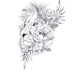 a black and white drawing of a lion's head with flowers in its mouth