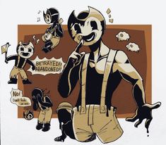 an animated image of a man in overalls and panda ears with other cartoon characters around him