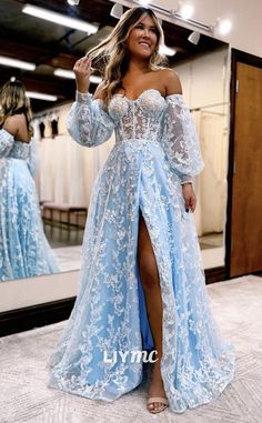 Prom Dresses With Long Sleeves, Light Blue Prom Dresses, Md Dresses, Blue Lace Prom Dress, Light Blue Prom, Dresses With Long Sleeves, Ruffle Dresses, Blue Prom Dresses, Lace Prom Dresses