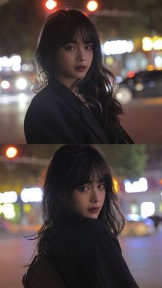 two images of a woman with dark hair and bangs in front of a city street at night