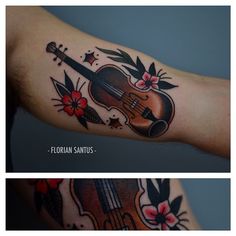 two pictures of a violin and flowers on the arm