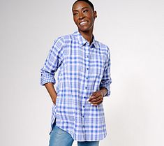 A classic laidback look (with a subtle twist!), this button-front plaid shirt also includes playful button detailing on the back. From the Joan Rivers Classics Collection®. Casual Plaid Top With Shirttail Hem, Casual Plaid Tops For Daywear, Relaxed Fit Plaid Top With Buttons, Casual Plaid Tops With Placket, Plaid Button-up Top For Casual Gatherings, Plaid Button-up Shirt For Daywear, Everyday Plaid Shirt With Buttons, Plaid Shirt With Buttons In Relaxed Fit, Plaid Shirt With Buttons, Relaxed Fit