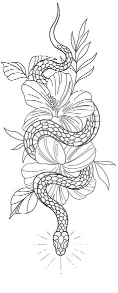 a drawing of a snake with leaves on it