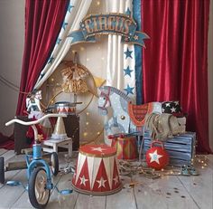 a circus themed room with red, white and blue decorations