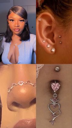 three pictures of different types of piercings on the side of a woman's ear