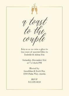 a toast to the couple party card with two champagne glasses on it and gold foil lettering