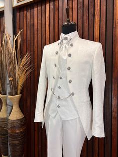 Buy Mens Slim Fit White Tuxedo Mandarin Collar Weddings and online on Etsy India. Shop for handmade, vintage and unique Mens Wedding Suits items from SheklyTux online on Etsy White Suit Male, Unique Mens Wedding Suits, Fairytail Wedding, Unique Tuxedos, Mens Wedding Suits, Fairy Tail Wedding, White Wedding Suit, Wholesome Stuff, Wedding Tux