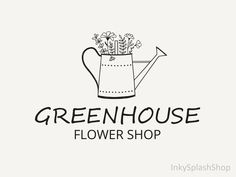 the green house flower shop logo is drawn in black and white, with an arrow pointing to