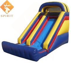 an inflatable slide is shown with the logo spirit on it