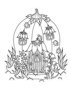 a fairy house surrounded by flowers and birds