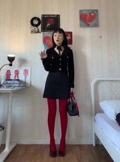 Mod Fashion Black Women, Red Knee High Socks Outfit, Black Clothes Wardrobe, Cute Pajamas For Women Aesthetic, Colored Stockings Outfit, Outfits With Colored Tights, Colored Tights Outfit 60s, Short Red Skirt Outfit, Perfect Blue Outfit