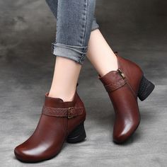 Women Shoes Main Material: CowhideHeel Type: ChunkyUpper Material:Cow LeatherHeel Height: Middle (6 cm)Closure Type: Side Zipper Size:35-40 Click:Shoes size Chart Size Length Cm Inch 35 22.50 8.86'' 36 23.00 9.06'' 37 23.50 9.25'' 38 24.00 9.45'' 39 24.50 9.65'' 40 25.00 9.84'' Winter Closed Toe Heels With Buckle Closure, Casual Low Heel Winter Heels, Fall Heeled Boots With Buckle Closure And Round Toe, Winter Heeled Boots With Buckle Closure, Brown Boots With Heel Loop For Fall, Brown Fall Boots With Heel Loop, Brown Low Heel Boots With Buckle Closure, Winter Buckle Closure Closed Toe Booties, Round Toe Booties With Buckle Closure