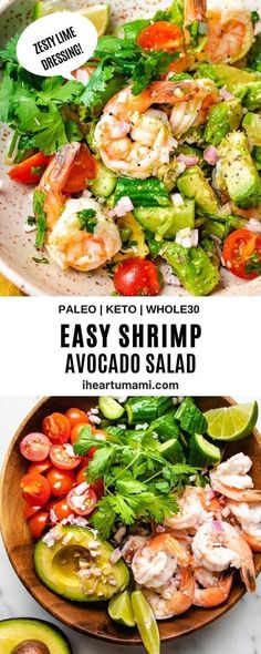 a salad with shrimp, avocado and tomatoes in it