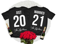 "Just Married Shirts, Newlywed Shirts, Mr and Mrs Shirts, Honeymoon Shirts, Bride and Groom Shirts, Custom Shirts, Custom Name, Unisex ♥ Price is for ONE t-shirt. ♥ The size of the t-shirts is UNISEX H O W T O O R D E R 1. Simply select the size of your shirt individually and then click \"Add to Cart\" 2. Repeat each step for each shirt that you need. Add as many as needed to your cart and then proceed to checkout. 3. Submit order ♥ The items are printed after the payment has been cleared within Wedding Shirts His And Her, Bride And Groom Tshirts, Anniversary Pics