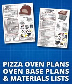 two pizza oven plans and materials list on a blue background with the words pizza oven plans over them