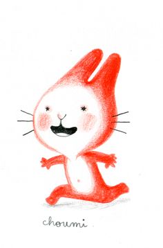 a drawing of a rabbit running with the word chomini on it's chest