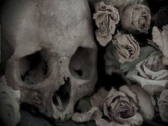 two skulls and three roses are shown in this black and white photo, with only one skull visible