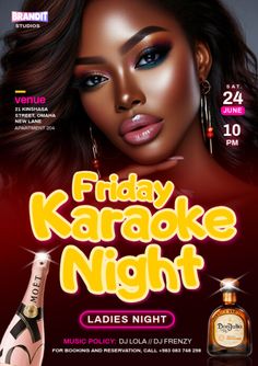 the flyer for friday karaoke night with an image of a woman's face