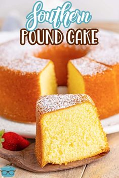 a cake with powdered sugar on top and the words southern pound cake above it