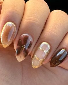 Brown Nails With Gold Design, Brown Leaf Nails, Brown Gel X Nail Designs, Pear Nails Design, Art Museum Nails, Brown Flowers Nails, Brown Nails Flower, Brown Funky Nails, Dark Brown Nail Ideas