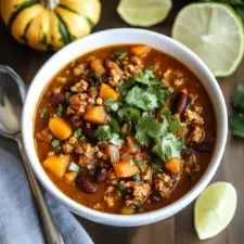 a white bowl filled with soup next to some limes and cilantro peppers