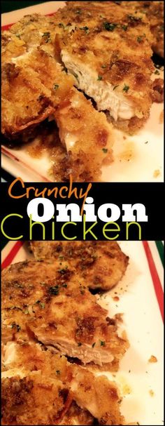 two pictures of chicken on a plate with the words crunchy onion chicken over it