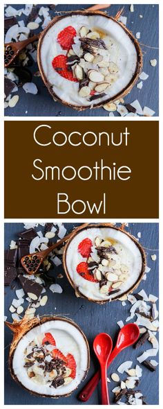 coconut smoothie bowl with strawberries and almonds in it on a blue surface