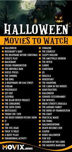 halloween movies to watch list with pumpkins and bats on the tree in the background