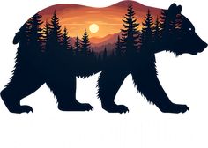 a bear that is standing in the grass with trees on it's back side