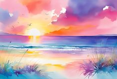 a watercolor painting of the sun setting over the ocean