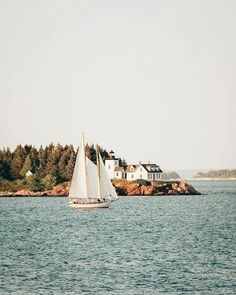 a sailboat in the water near some houses on an island with trees around it