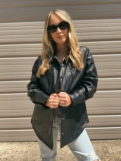 This Black Leather Shacket is perfect to add a touch of edge to your wardrobe. Crafted from black pleather, it will provide you with a comfortable and stylish fit all season long. Black Leather Shacket, Leather Shacket, New Tops, Black Leather, Boutique, Wardrobe, Leather, Black