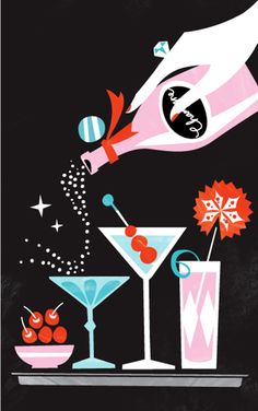 an advertisement for a cocktail bar with a bottle pouring it into two martini glasses and cherries on the rim