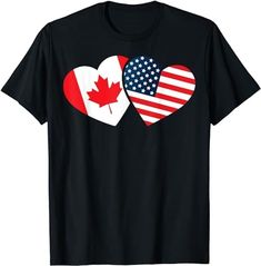 two hearts with the american and canadian flags on them t - shirt for men or women