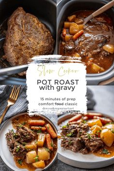 pot roast with gravy and carrots in a slow cooker for dinner