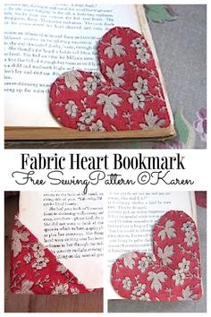 an open book with two hearts on it and the title fabric heart bookmark free sewing pattern