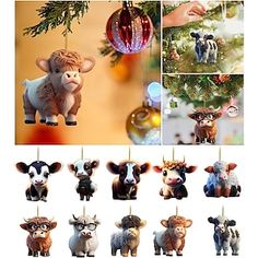 christmas ornament set of twelve cows hanging from a tree with ornaments in the background