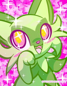 a green cat with big pink eyes standing in front of purple stars and sparkles