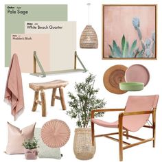 pink and green color scheme for living room with chair, table, potted plant