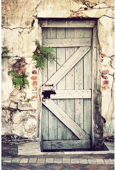 an old stone building with a wooden door and plant growing out of the top window