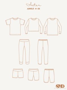 the sewing pattern for an adult and child's pajamas, pants, and t - shirt