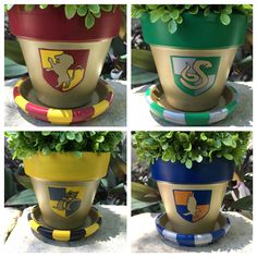 four pictures of potted plants with different colors and designs on them, each containing the letter s