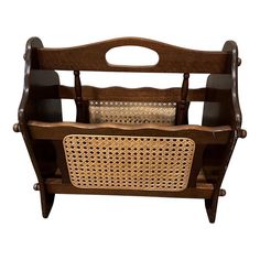 a wooden bench with wicker baskets on it