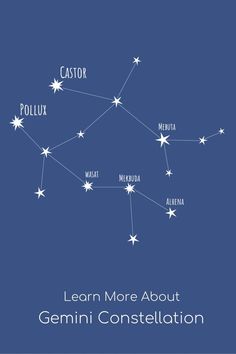 the zodiac sign with stars on it and text that reads learn more about gemini constellation