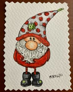 a drawing of a gnome with polka dots on his hat