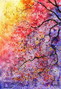 an abstract painting of trees with red and yellow leaves